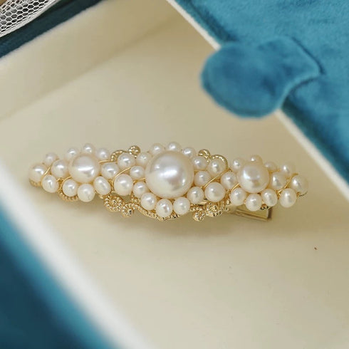 Gold Pearl Hair Barrette Clip - Gold Filigree Hair Barrette